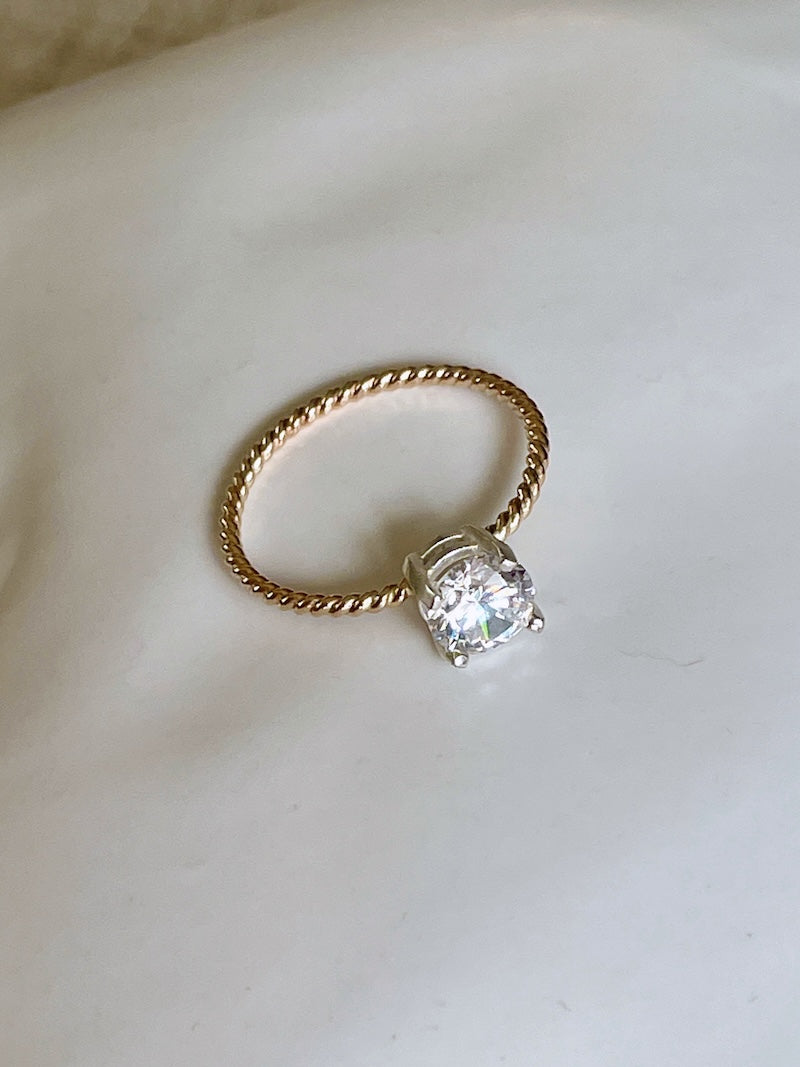 Gold-Filled Twist Band Ring Cubic Zirconia – Dainty Engagement or Travel Ring