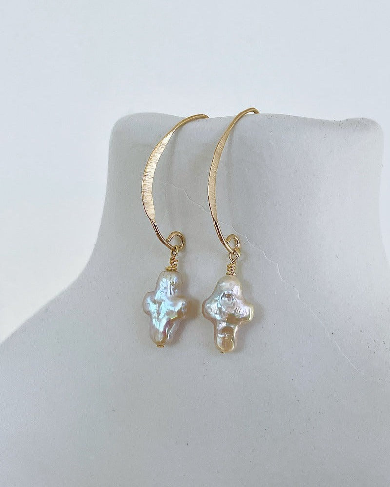 Marquise Gold Pearl Cross Earring