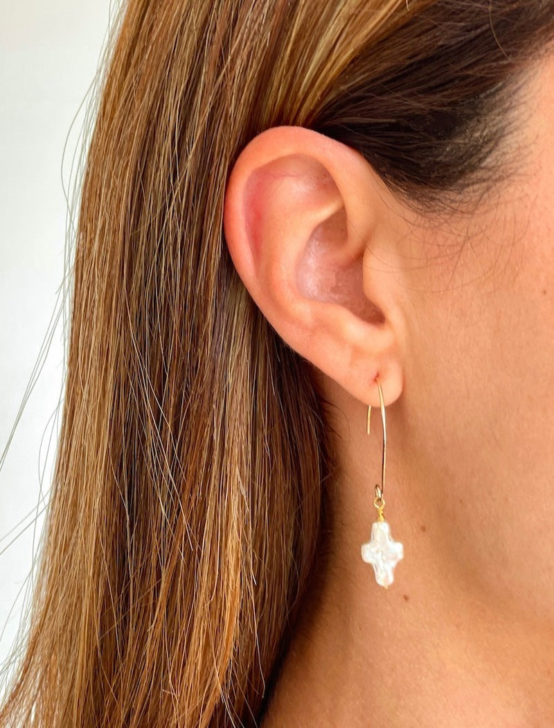Marquise Gold Pearl Cross Earring