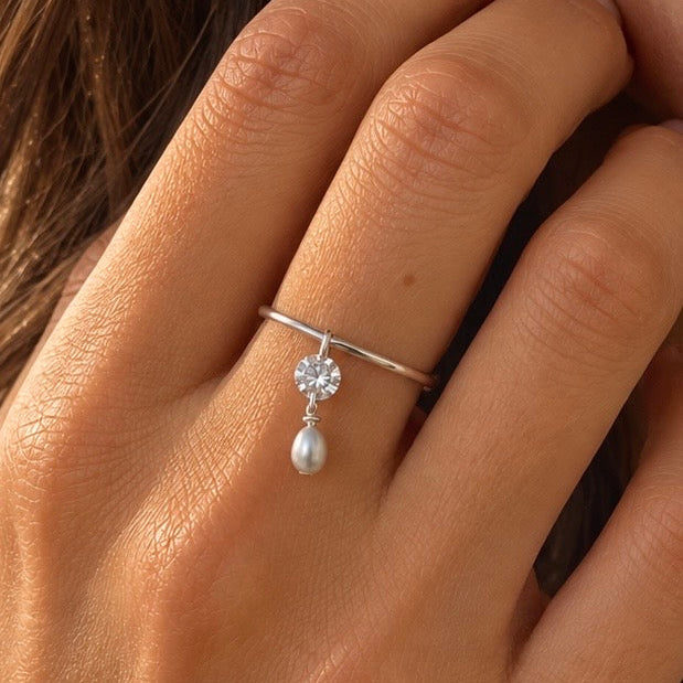 Sterling Silver Freshwater Grey Pearl & CZ Dangle Ring