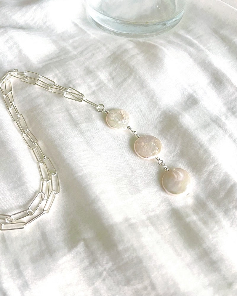 Silver Pearl Lariat Necklace