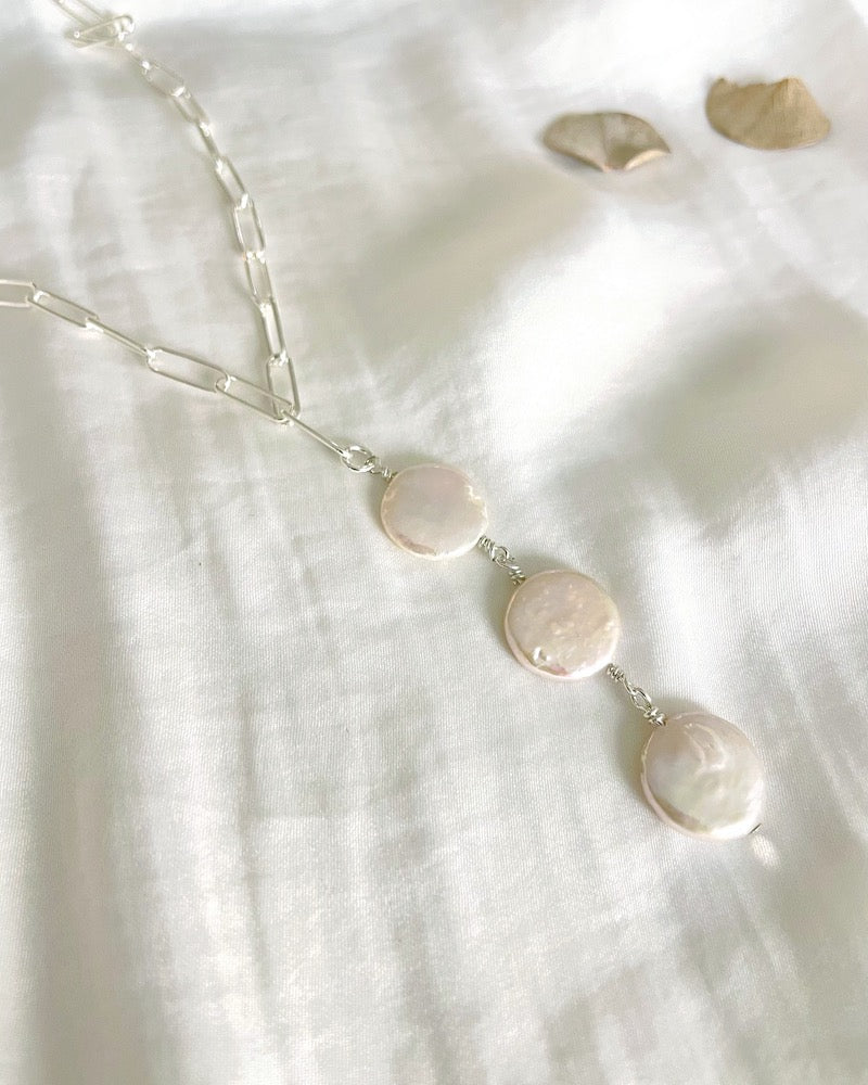 Silver Pearl Lariat Necklace