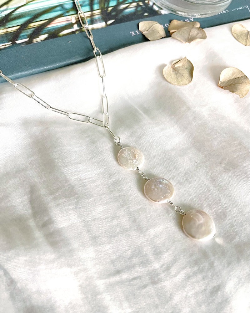 Silver Pearl Lariat Necklace