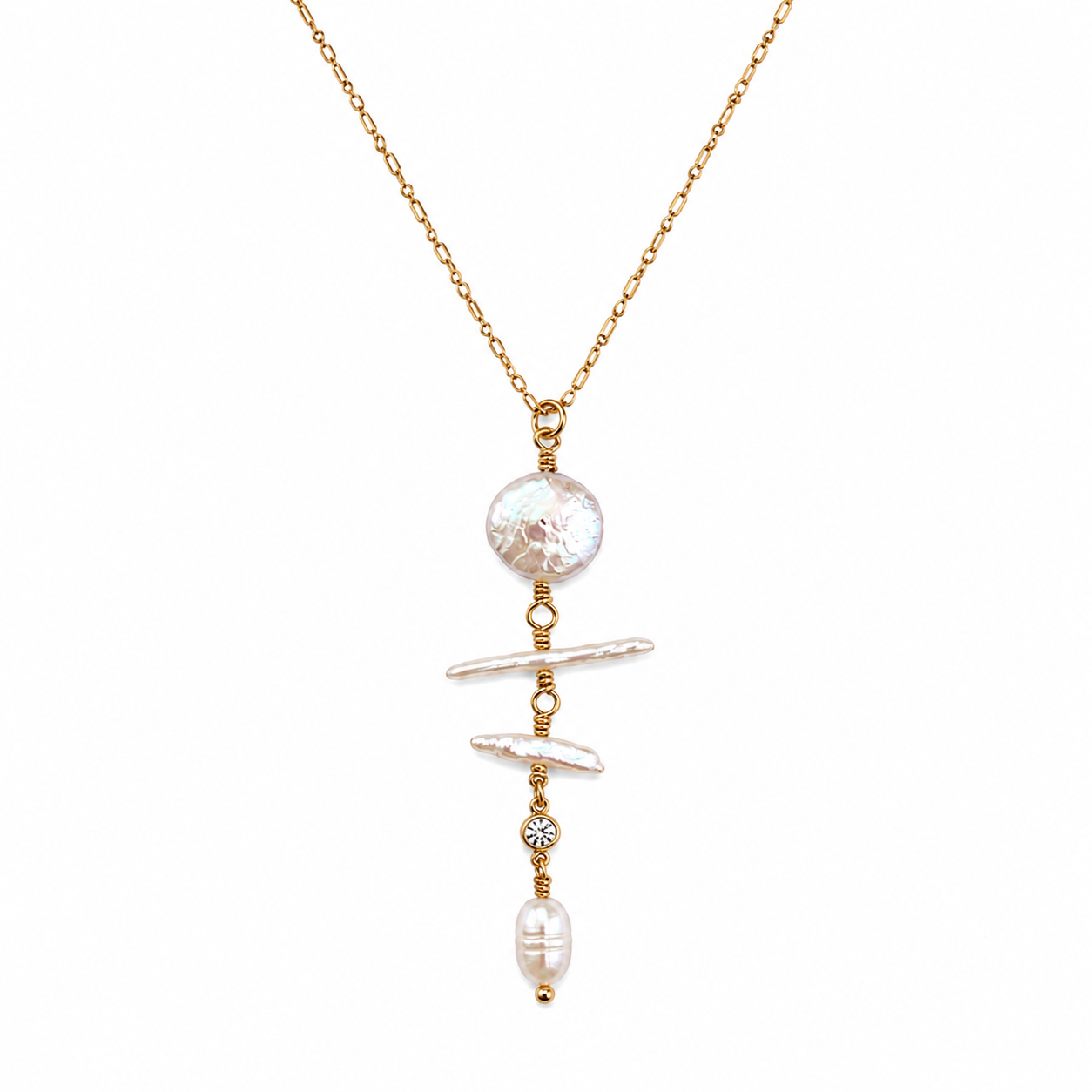 Biwa & Coin Pearl Drop Necklace