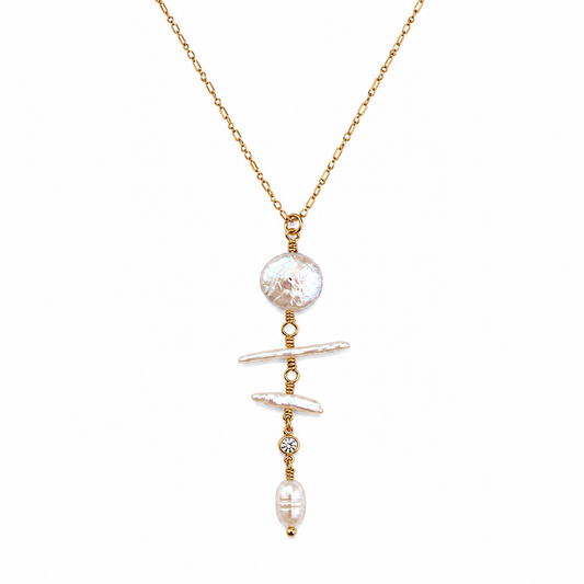 Biwa & Coin Pearl Drop Necklace