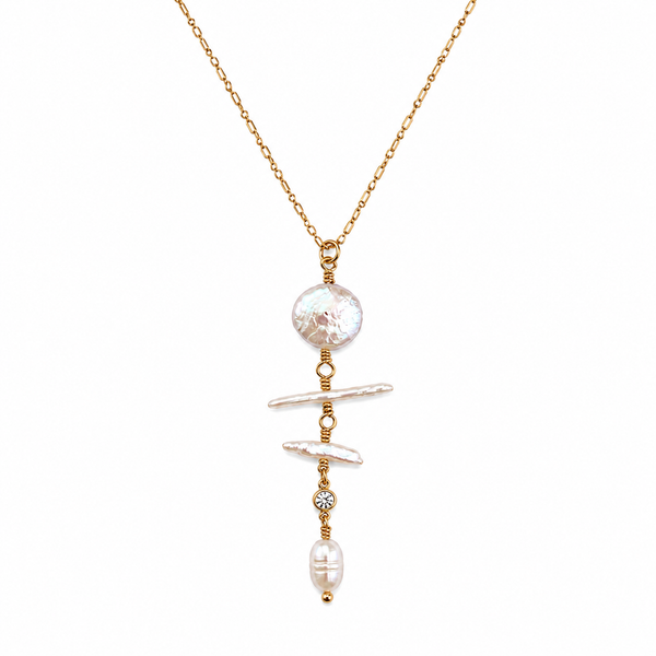 Biwa & Coin Pearl Drop Necklace