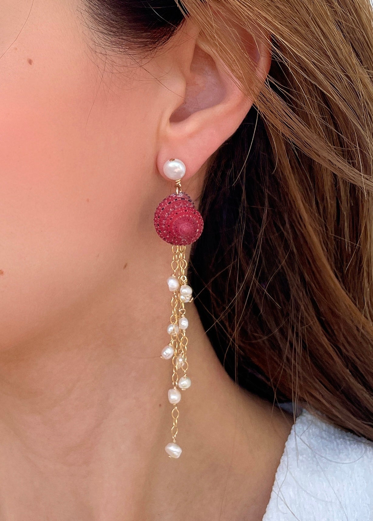 Strawberry Shell & Freshwater Pearl Drop Earrings