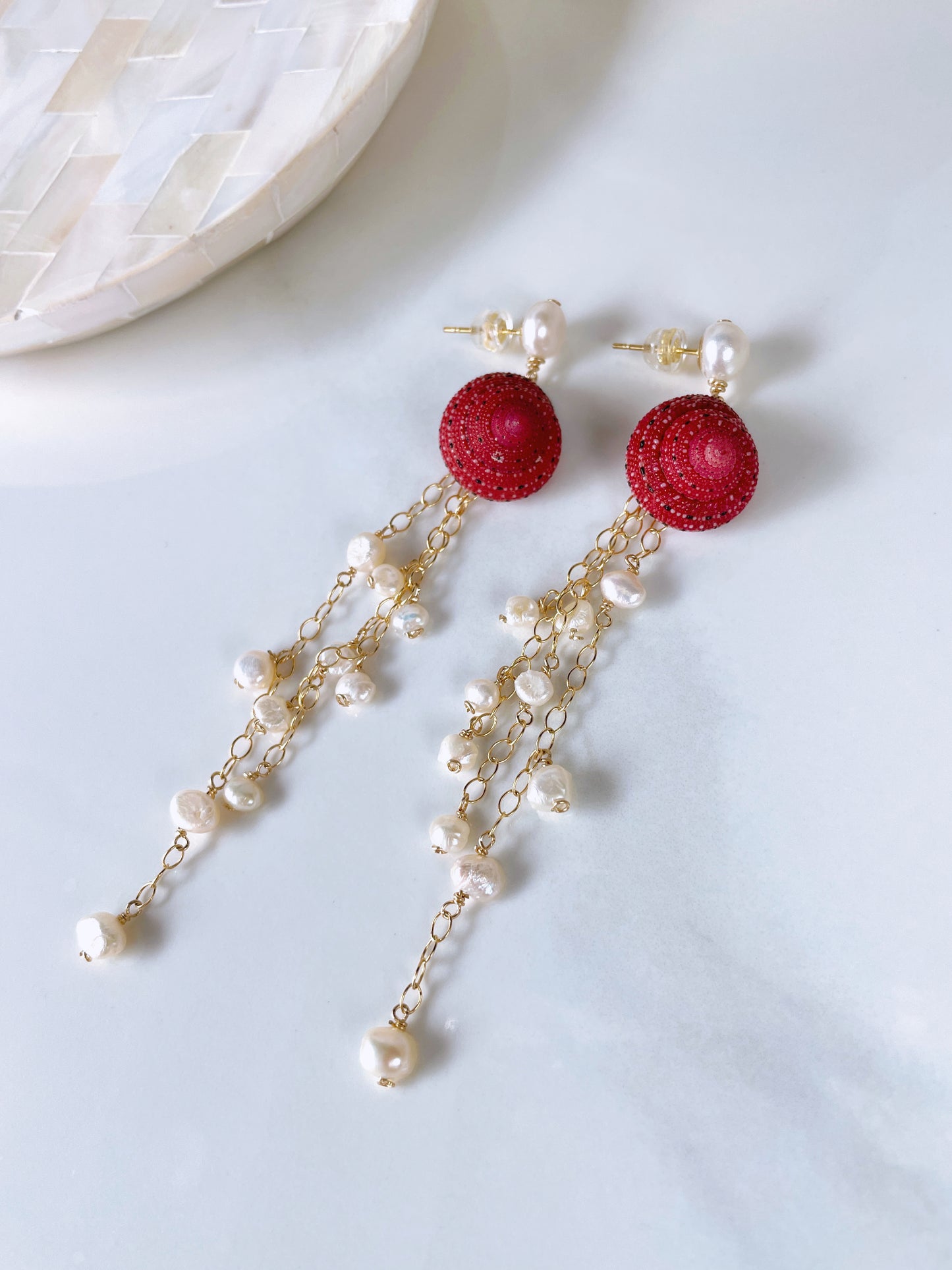 Strawberry Shell & Freshwater Pearl Drop Earrings