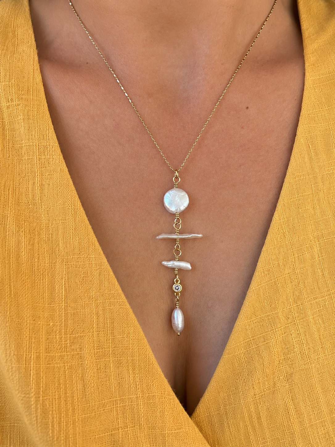 Biwa & Coin Pearl Drop Necklace
