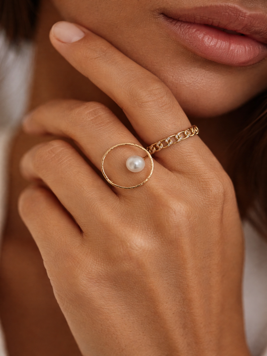 Gold Orbit Freshwater Pearl Ring – Minimalist Statement Ring for Women