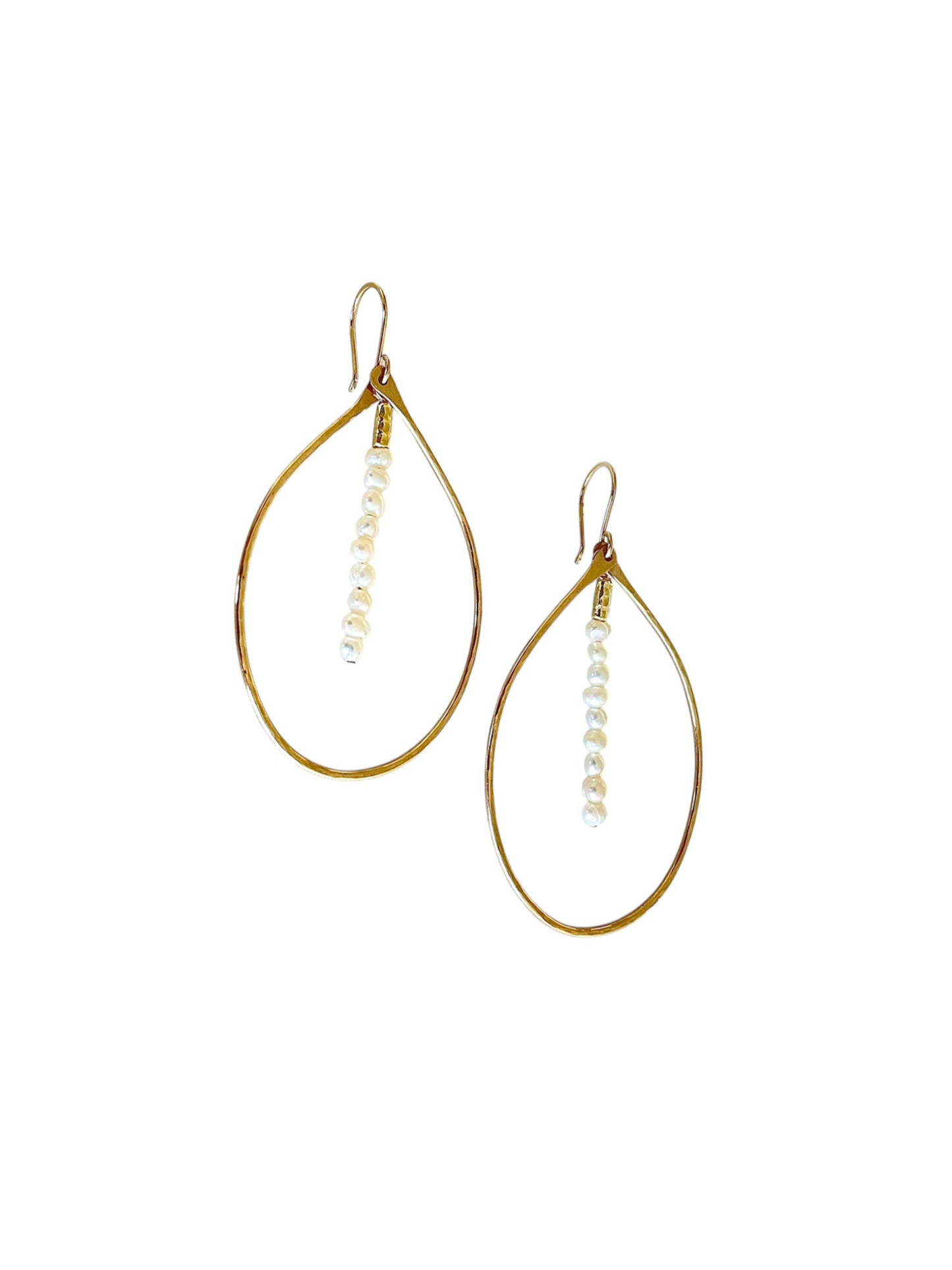 Gold teardrop earrings with pearl-like beads on a white background