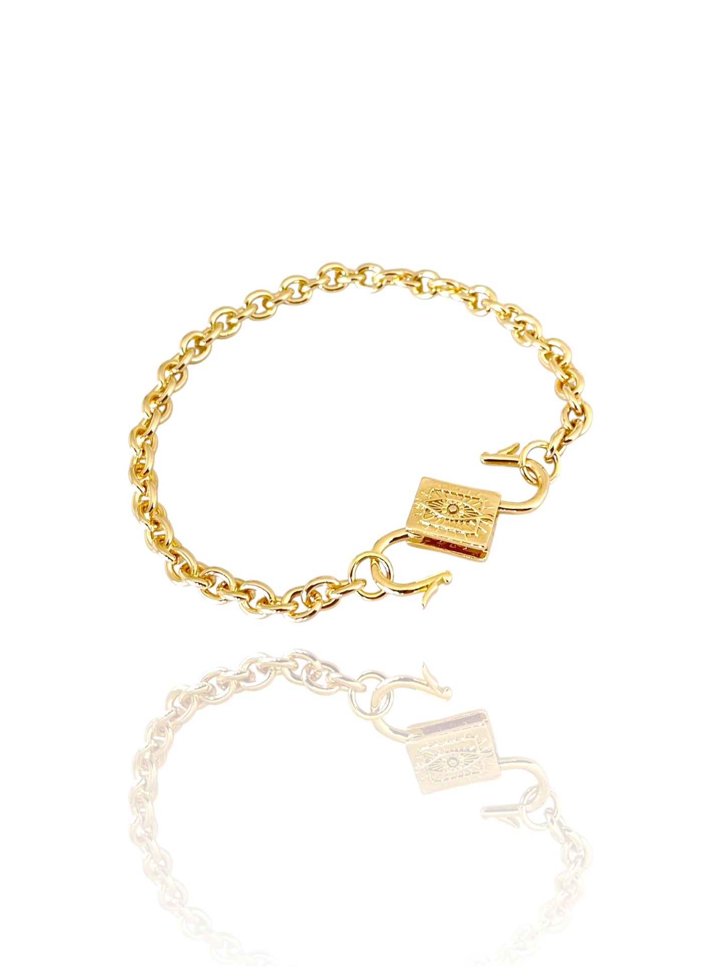 Gold chain bracelet with padlock clasp on a white background