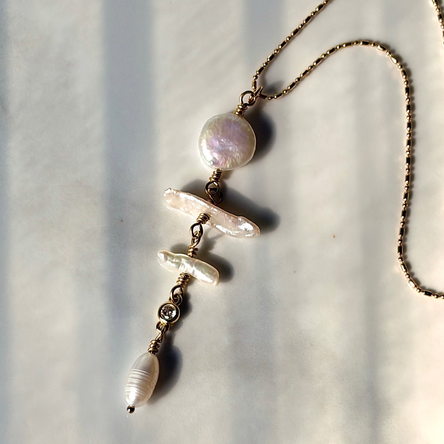 Biwa & Coin Pearl Drop Necklace