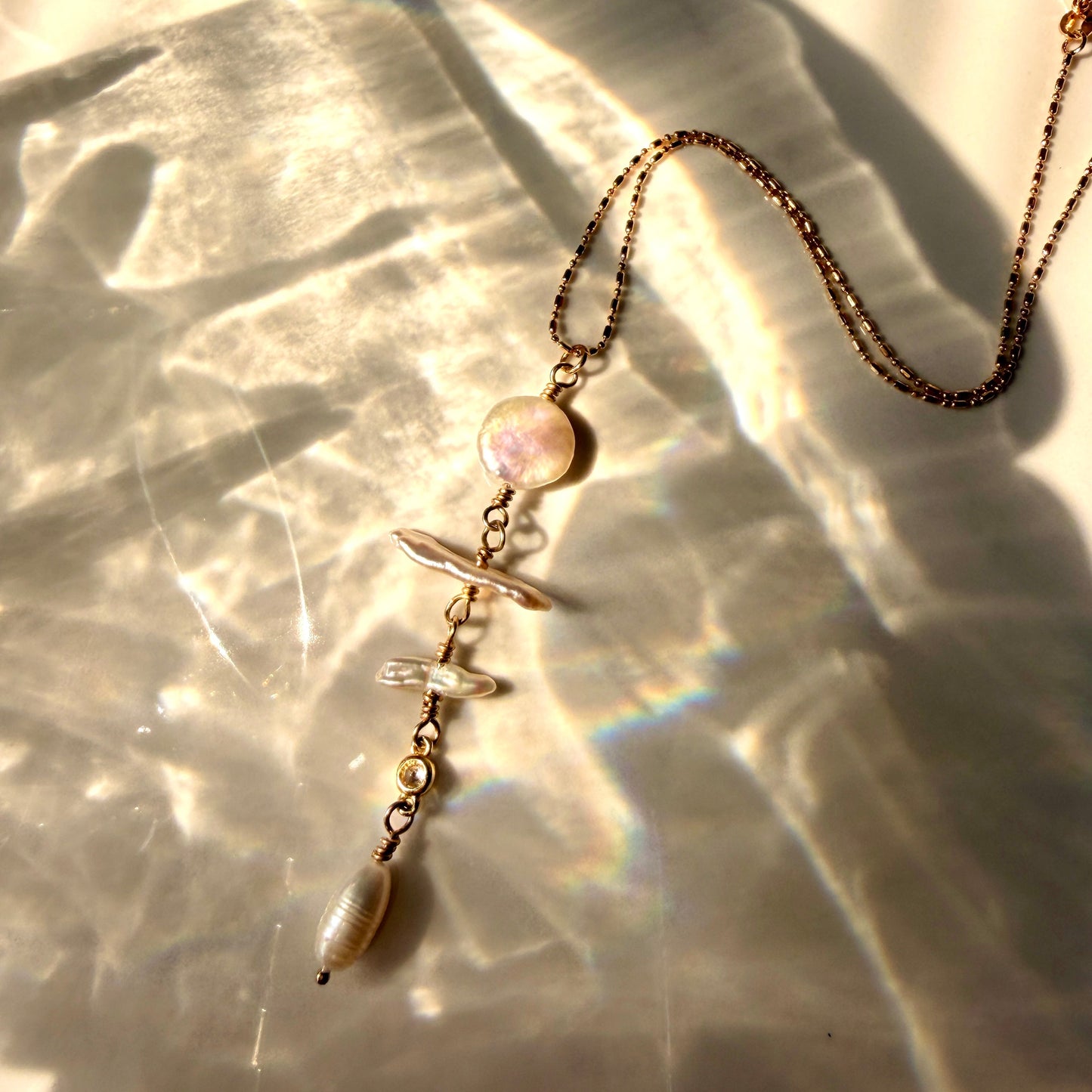 Biwa & Coin Pearl Drop Necklace