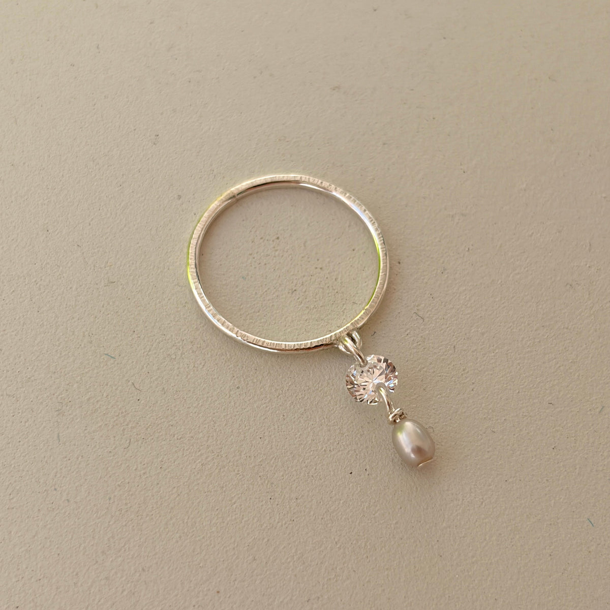 Sterling Silver Freshwater Grey Pearl & CZ Dangle Ring