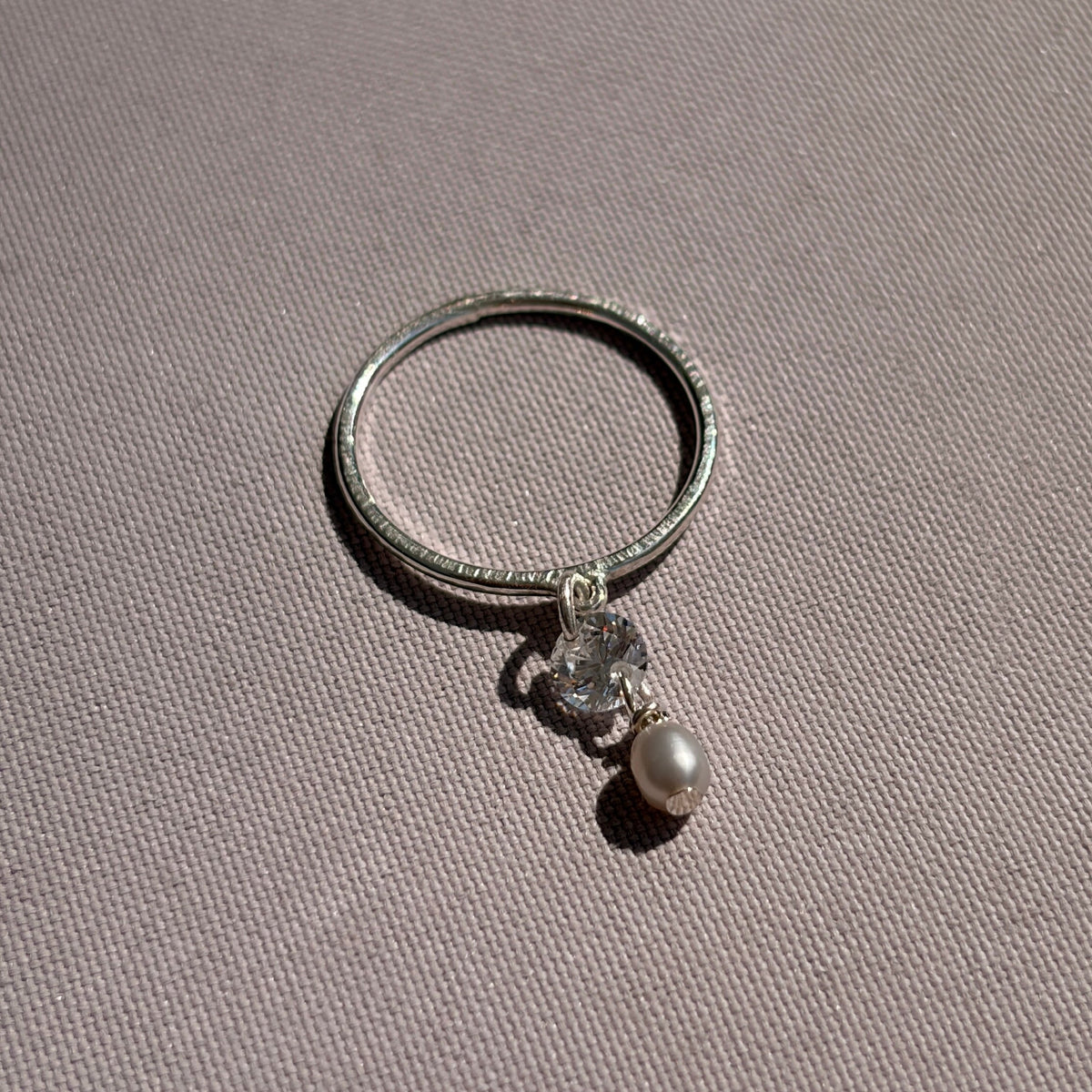 Sterling Silver Freshwater Grey Pearl & CZ Dangle Ring