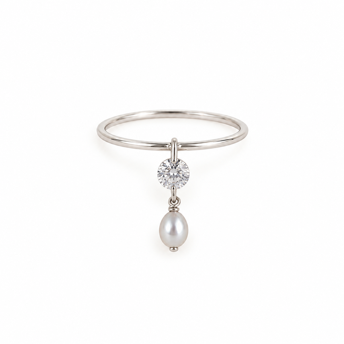 Sterling Silver Freshwater Grey Pearl & CZ Dangle Ring