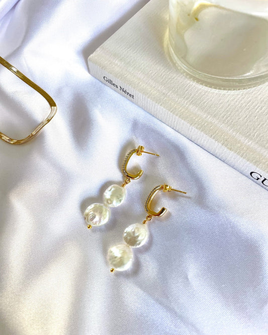 Gold Pave Hoop Pearl Drop Earrings