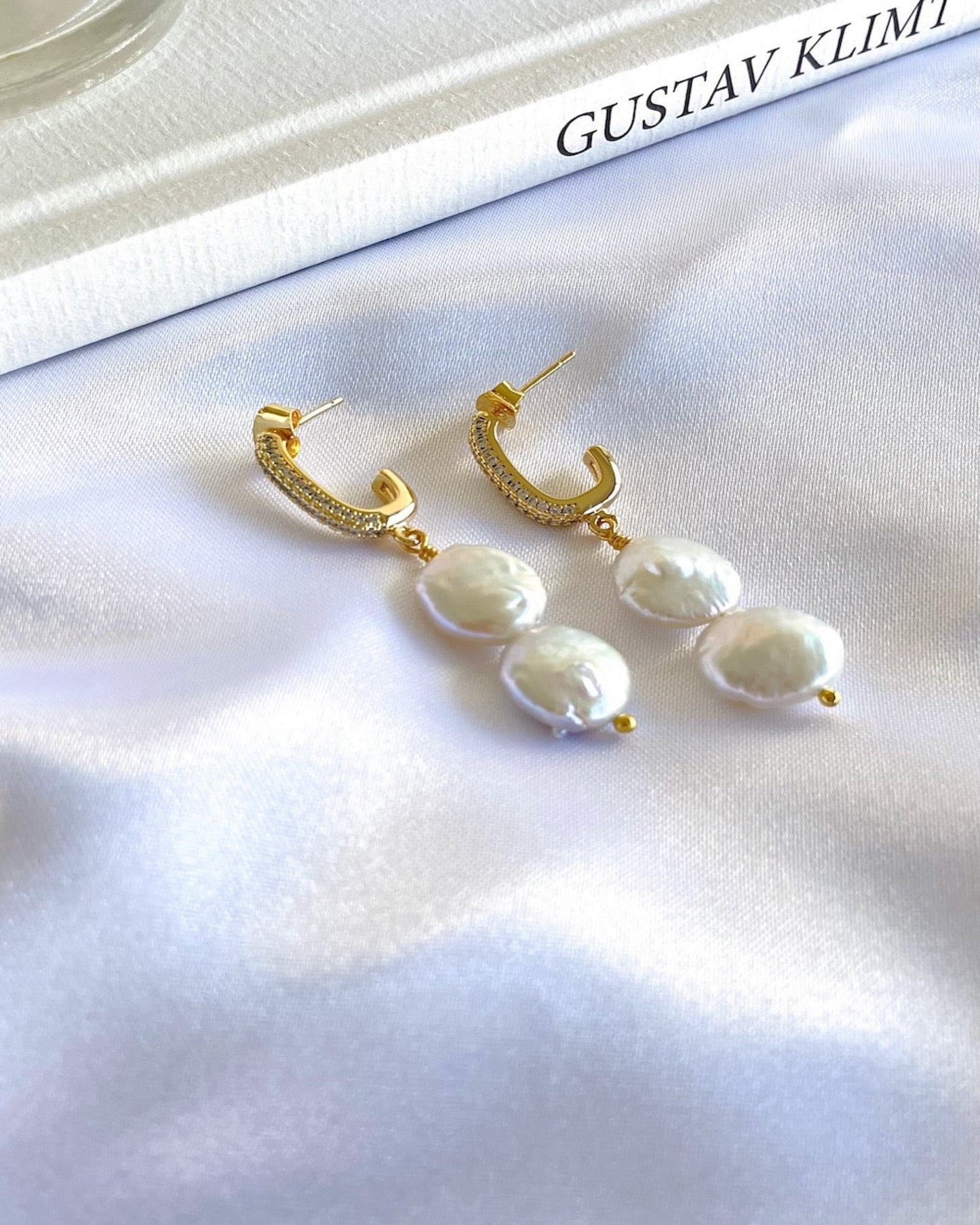 Gold Pave Hoop Pearl Drop Earrings