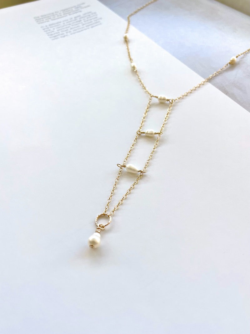 Gold Pearl Lariat Necklace