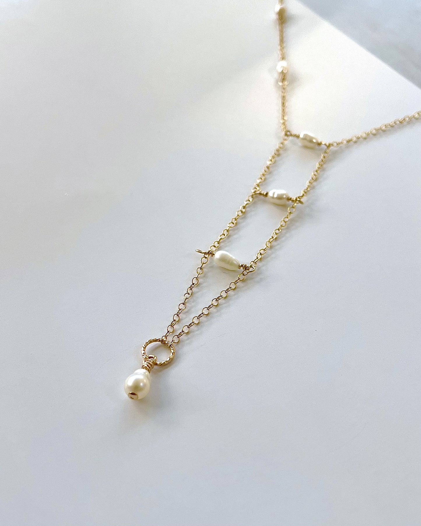 Gold Pearl Lariat Necklace