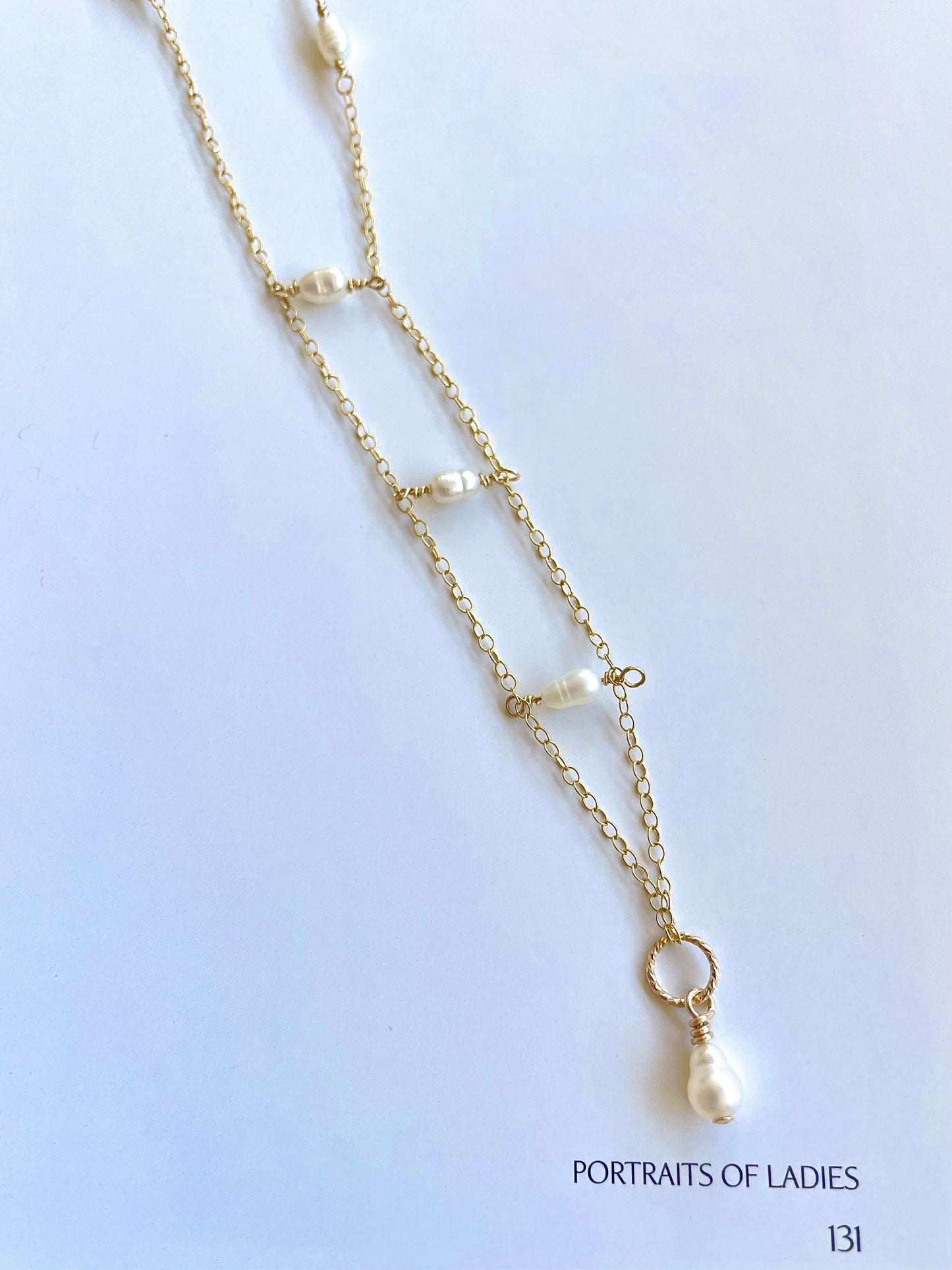 Gold Pearl Lariat Necklace