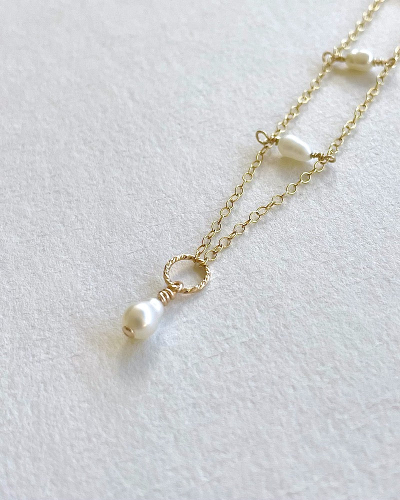 Gold Pearl Lariat Necklace