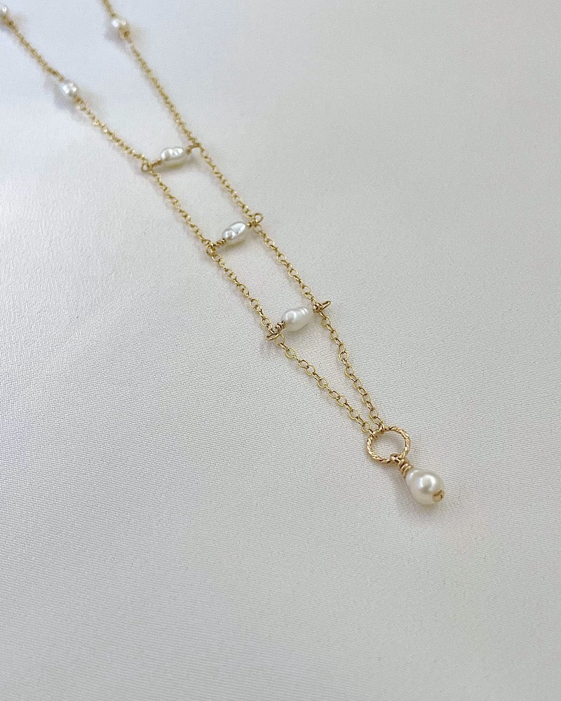 Gold Pearl Lariat Necklace