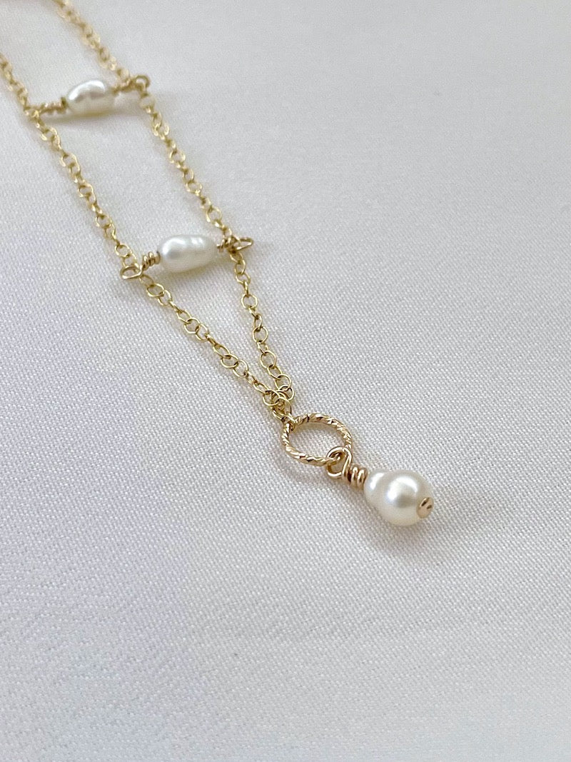 Gold Pearl Lariat Necklace