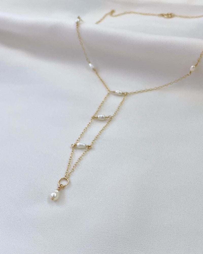 Gold Pearl Lariat Necklace