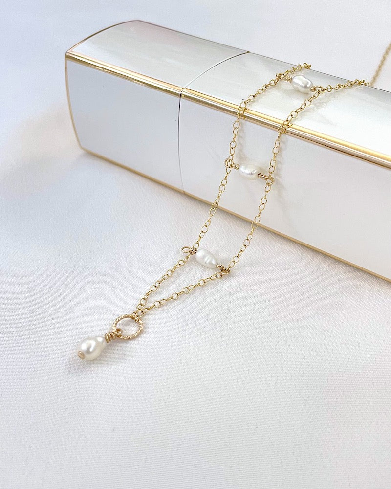 Gold Pearl Lariat Necklace