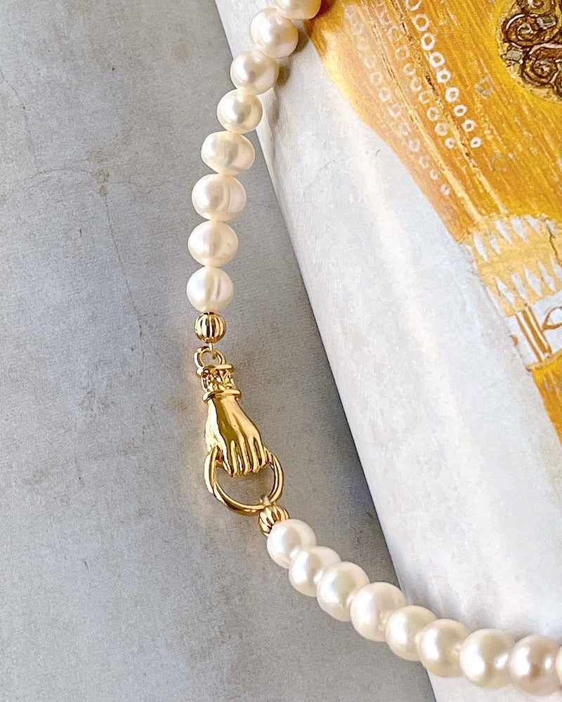 Gold Hamsa Hand & Pearl Necklace