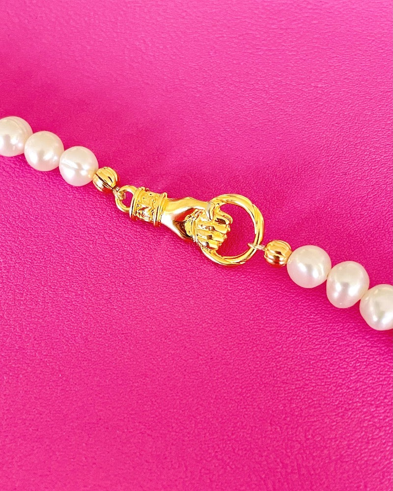 Gold Hamsa Hand & Pearl Necklace