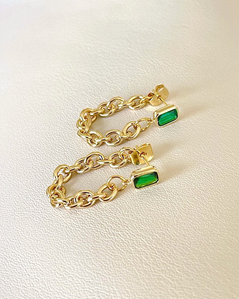 Emerald Chain Loop Earrings