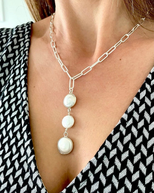 Silver Coin Pearl Lariat Necklace