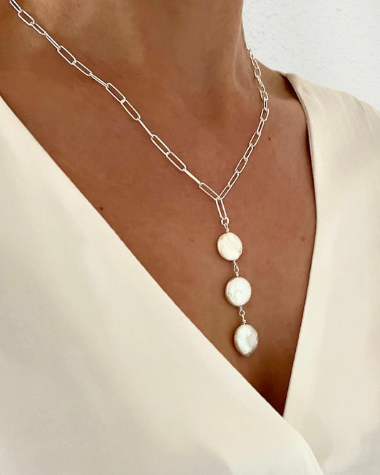 Silver Pearl Lariat Necklace